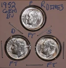 1952 P D S Roosevelt Dimes! GEM BU, ALL FULL BANDS! LUSTER! 52437