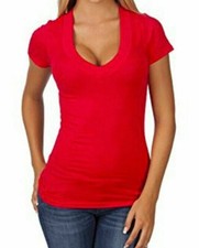 Women's Red Plus Size Casual Low-Cut  V- Neck Wide Band Tee Shirt Top 1x2x3x