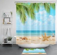 Summer Ocean Beach Palm Leaf Tropical Shower Curtain Bathroom Accessories Set