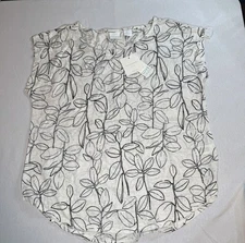 CYNTHIA ROWLEY Women's L Top Ivory & Black Botanical Print 100% Linen Soft Flowy