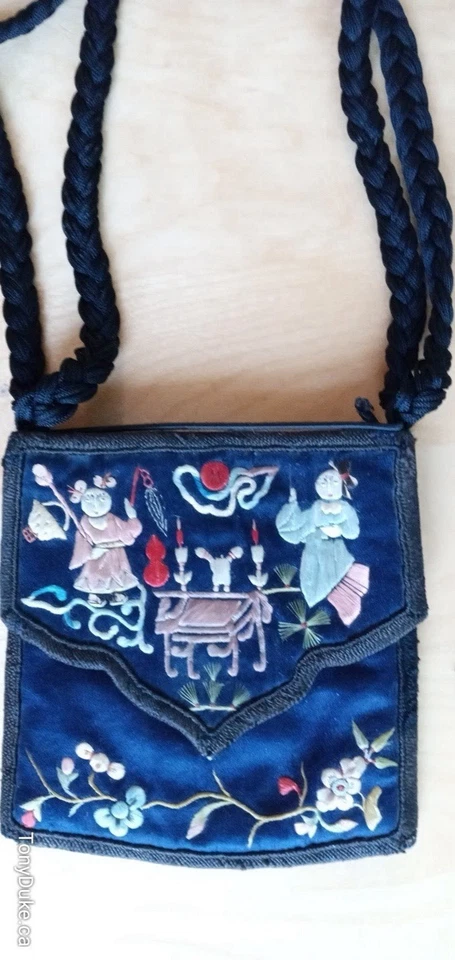 FREE SHIP Vintage Embroidered Chinese Change Satin Purse Cross Body/Shoulder Foto 3 de 4