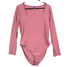 Old Navy Women Bodysuit Blush Pink Square Neck Long Sleeve Ribbed Stretch XLarge