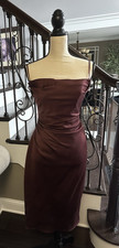 Burgundy Satin Bodycon Knee Length Dress Ruched Spaghetti Strap Straight Neck