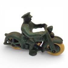 Vintage Cast Iron Motorcycle Rider Figure Green Patina Rolling Wheels