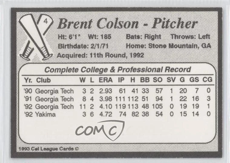 1993 Cal League Bakersfield Dodgers Brenton Colson #4 - Image 2 of 2