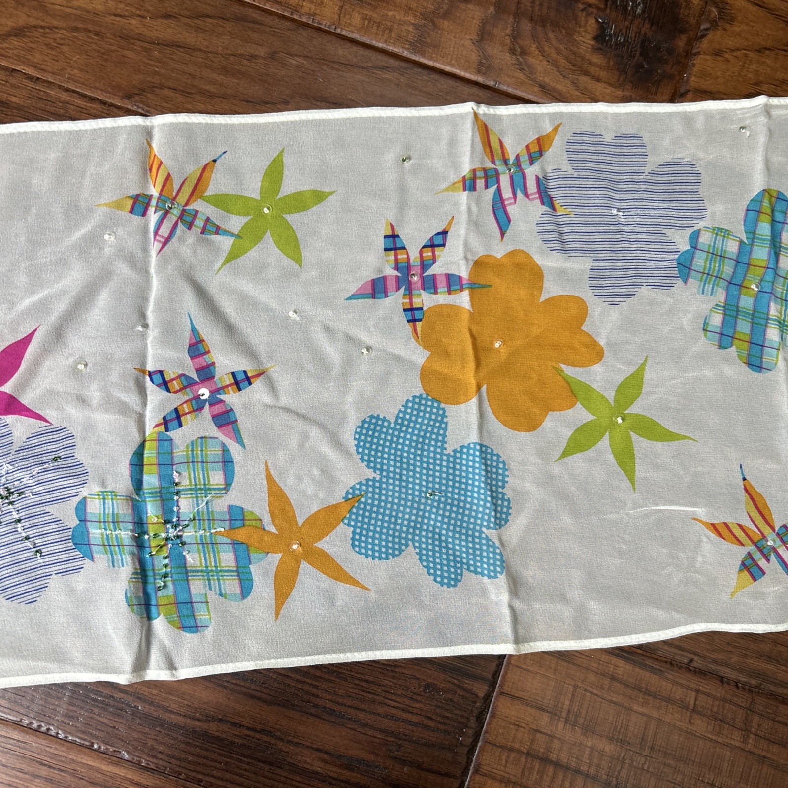 White Floral Scarf Sheer Echo Rectangular Colorfu… - image 3