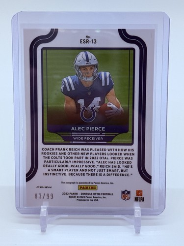 2022 Donruss Optic Alec Pierce #ESR-13 Elite Series Rookies Auto #’d/99 RC Colts - Picture 2 of 2