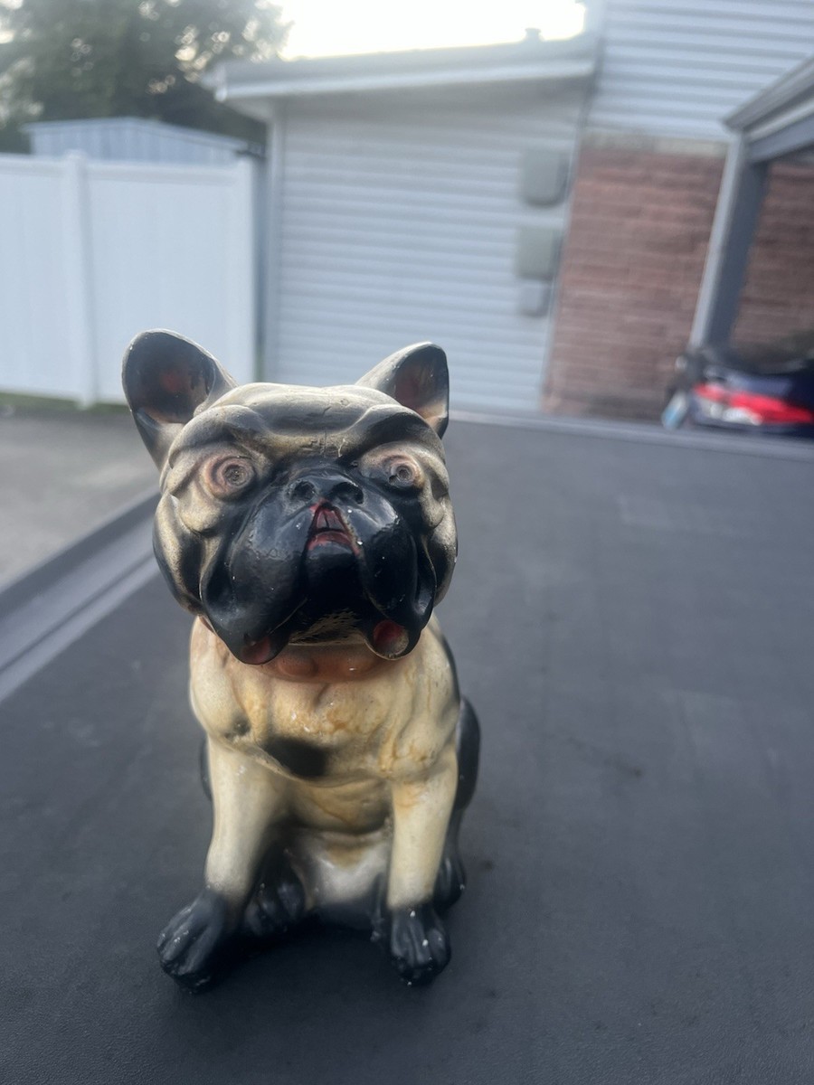 Vintage Chalkware English Bulldog Figurine Red Collar Chalk