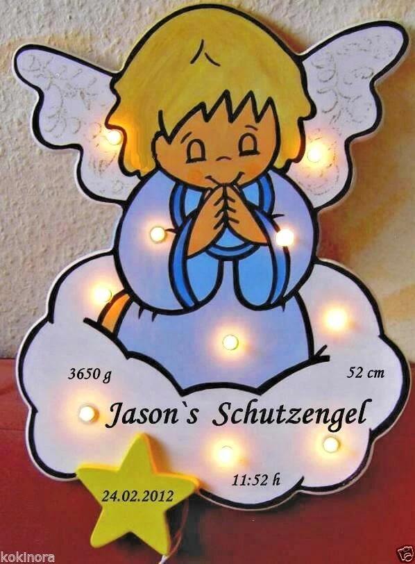 HANDGEFERTIGT SCHLUMMERLICHT Schutzengel Geschenk BABY GEBURT TAUFE HOLZ NAMEN LAMPE handmade