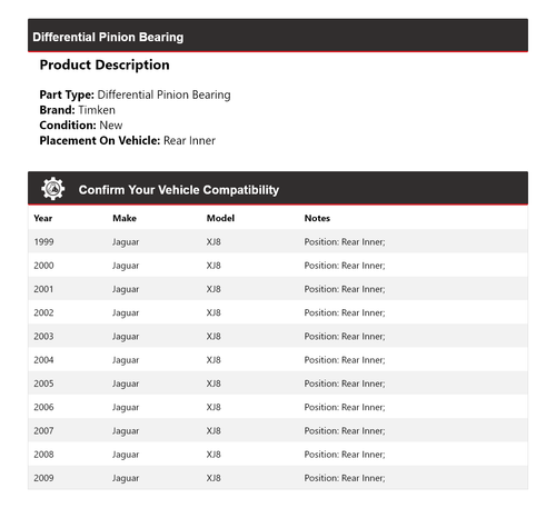 For 1999-2009 Jaguar XJ8 Differential Pinion Bearing Rear Inner Timken 2000 2001 - Picture 2 of 6