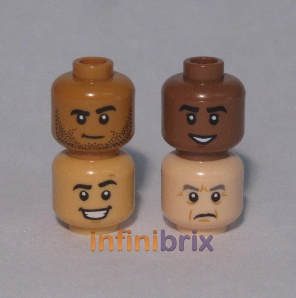 4x Lego Male Mixed Flesh Heads Light/Dark Nougat Brown Skin Tones NEW