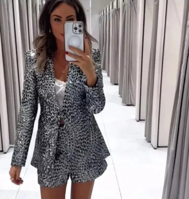 Stunning Zara Blazer dress UK 10 Silver sequin SD553