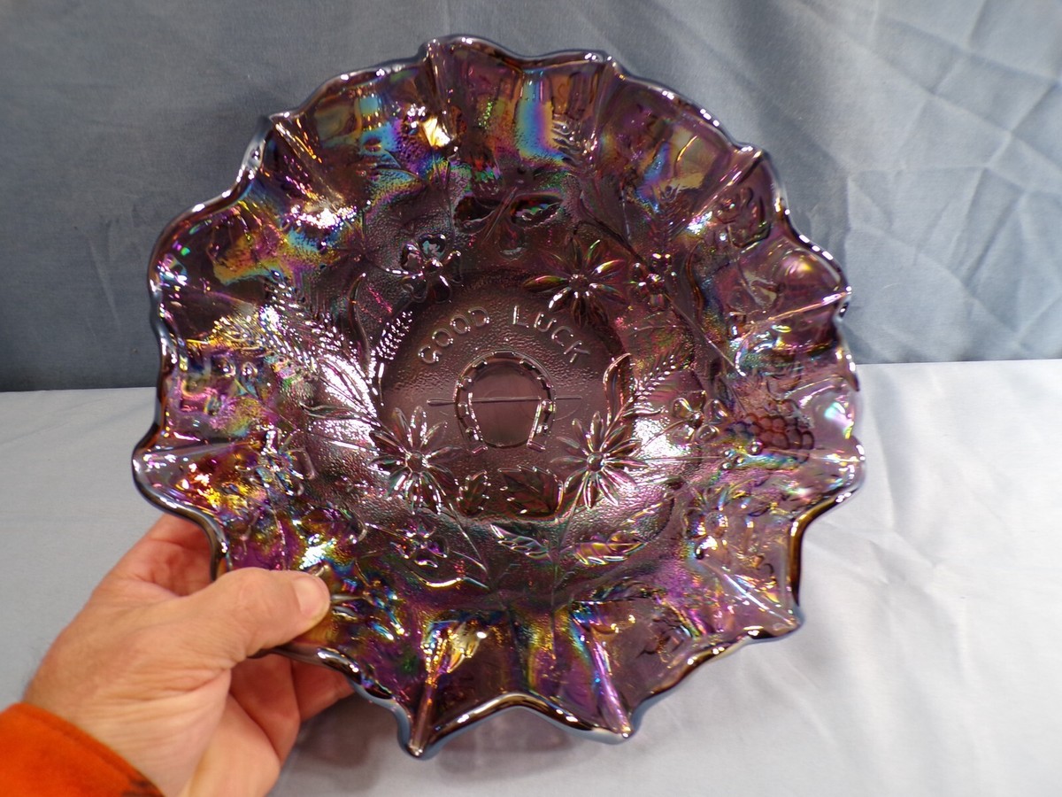 Contemporary Fenton Purple Carnival Glass GOOD LUCK Paneled
