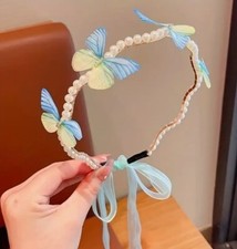 Green Butterfly Rhinestone Pearl Headband Fairy Festival Wedding Hair Jewelry