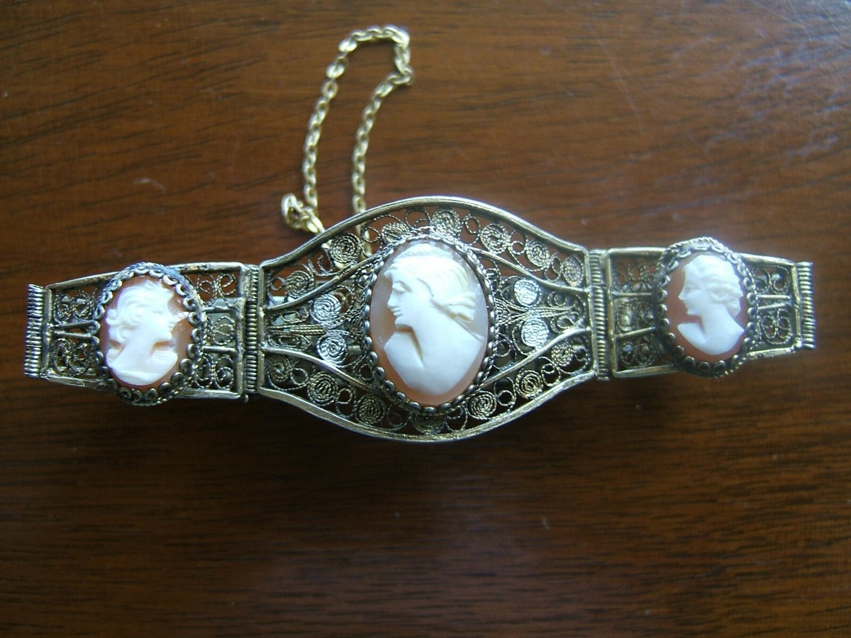 VINTAGE 800 SILVER FILIGREE ELABORATE MULTI-CAMEO BRACELET  display picture 3