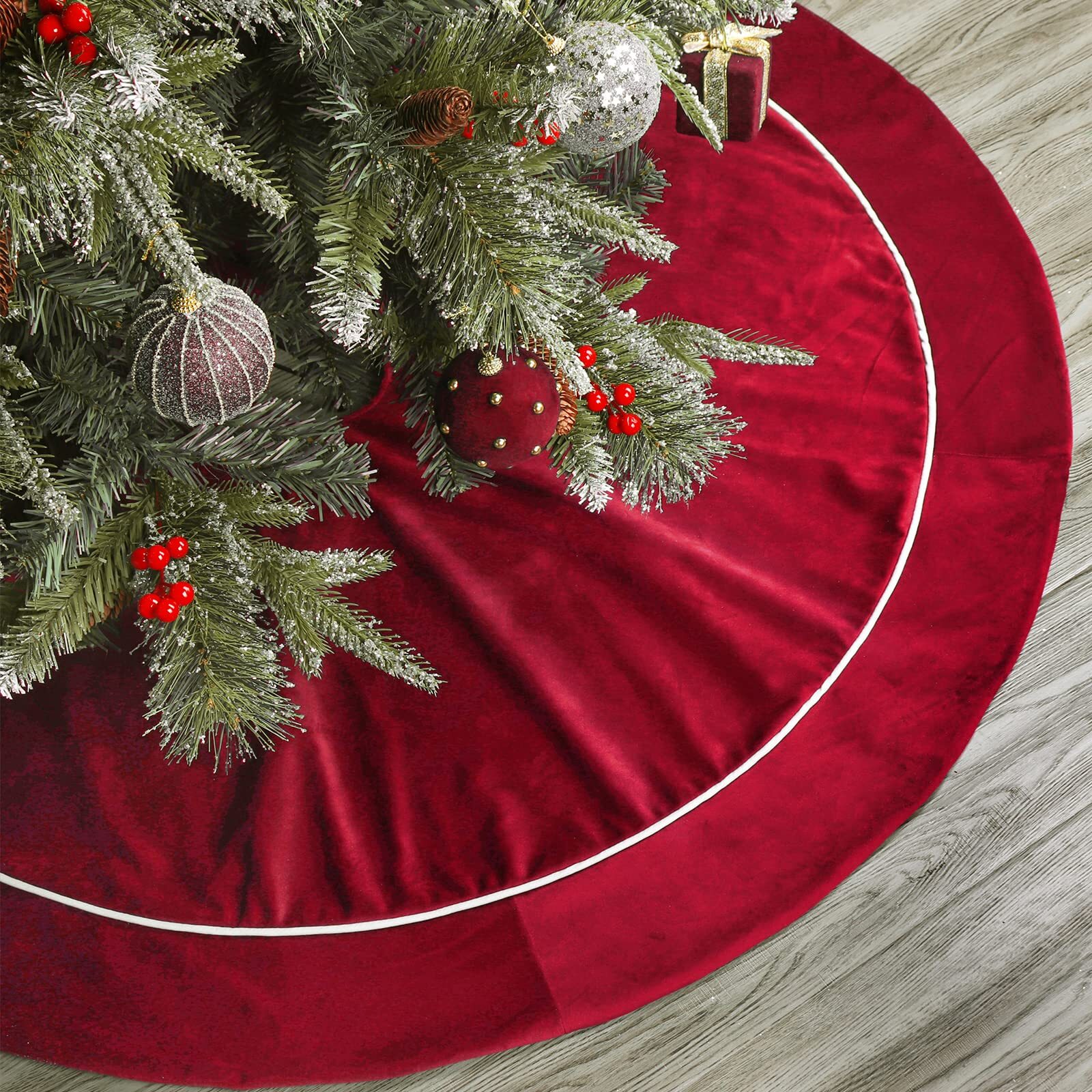 Bunny Chorus Christmas Tree Skirt, 48 inches Velvet Fur Plush Red Tree Skirt,...