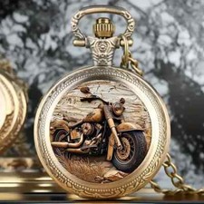 Vintage Motorcycle Pocket Watch Necklace Quartz Movement Stainless Steel Chain