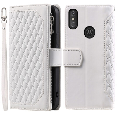 Luxury Rhombic Leather Wallet Case Zipper Flip Card Case For Motorola One Power