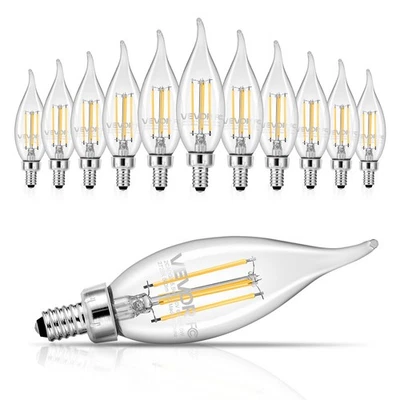 VEVOR LED Candelabra Bulbs 12-Pack Dimmable Chandelier Light Bulbs 2725K 90+ CRI
