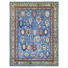 9'1"x11'9" Blue Afghan Ersari Caucasian Design Revival Hand Knotted Wool Rug