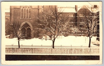 Vtg B&W Snapshot Gothic Brick Building Snowy Winter Scene Trees & Fence 1940s