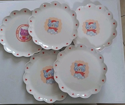 French Cat Pillowfort, 4 Scalloped 10'' Dinner Plates Set With BONUS 1 Pink Cat
