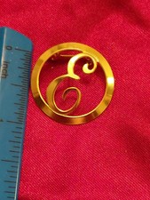 Vintage Gold Tone Script Initial Monogram Letter E Circle Brooch Pin 1.5in