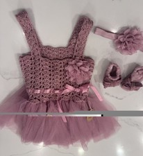 Handmade Infant 0-6 Crocheted Baby Sweater dress Hat Booties Pink Newborn Photo