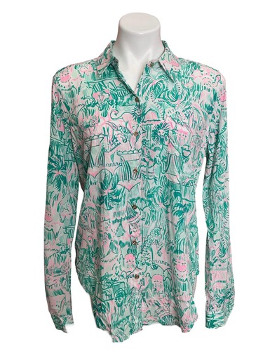 Lilly Pulitzer NWT Sea View Button Down Top Bright Agate Green Colorful Camelfla