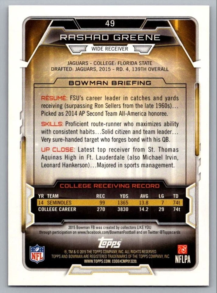 2015 Bowman Rookies Rashad Greene Rookie Jacksonville Jaguars #49 - Image 2 of 2