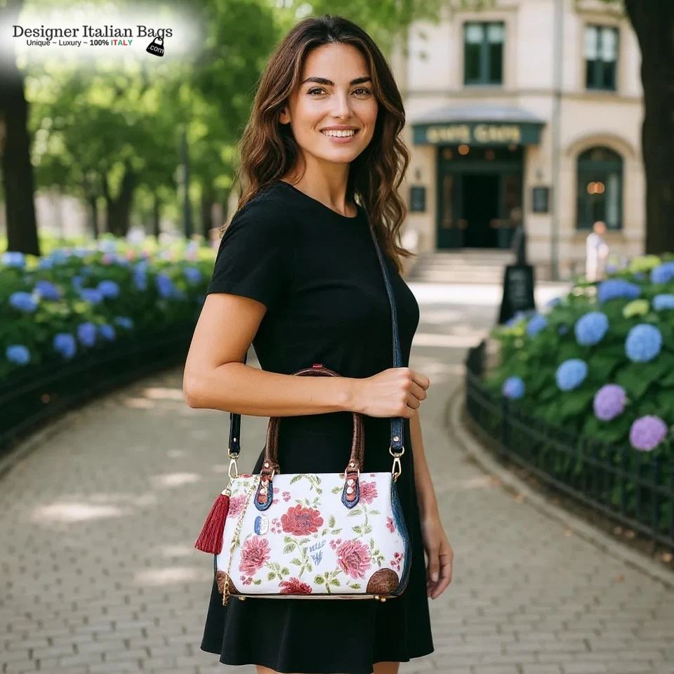 Bolso de Mano de Diseñador Marino Orlandi Pintado a Mano Rojo Peonías Bolso de Cuero de Alabastro Foto 2 de 4