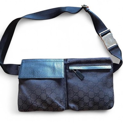 Gucci GG Supreme Monogram Black Canvas Leather Waist Bag 3 Pocket Buckle Strap
