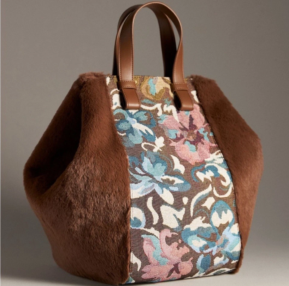 Bolsa satchel Anthropologie veludo dois tons floral tapeçaria marrom pele sintética - Imagem 2 de 4