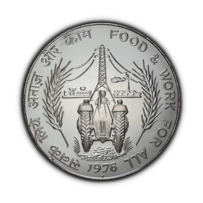 INDIA. 1976, 50 Rupees, Silver - FAO, Food Work for All, Tractor Asoka Lion RARE