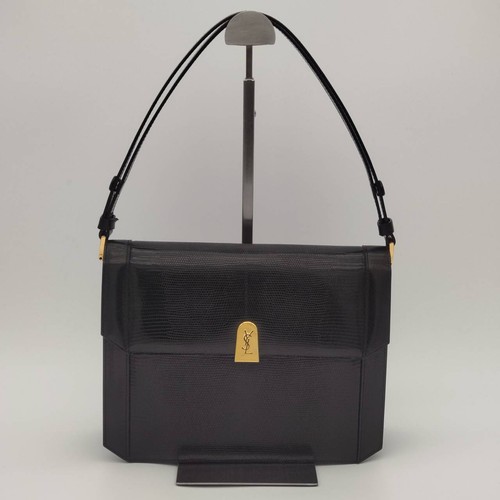 Yves Saint Laurent YSL Logo Lizard Embossed Leather Flap Shoulder Bag Black Gold