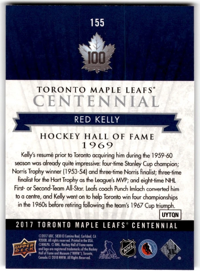 Red Kelly 2017-18 Upper Deck Toronto Maple Leafs Centennial SP #155 - Image 2 of 2