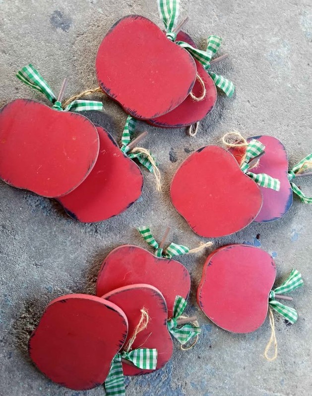 Wooden Red Apple Decor Ornaments Set of 6 with Green Ribbon, Red/Green