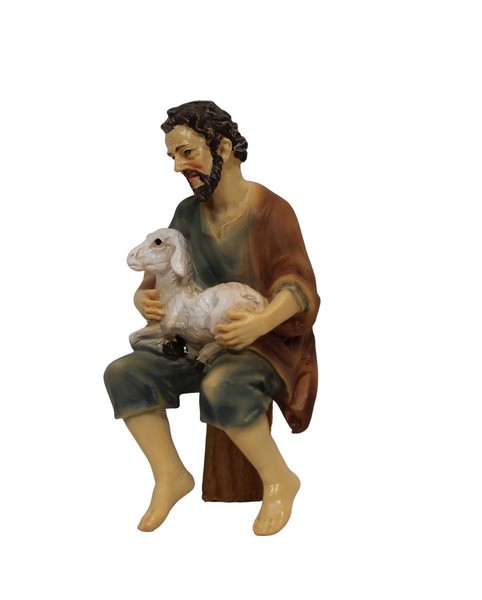 Krippenfigur Hirte Mit Schaf, Sitzend, 11 Cm, Polyresin Deko-image