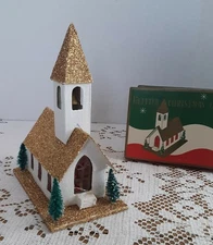 Vintage Christmas Village Mica Glitter Church Putz House 8.5" Japan w/box