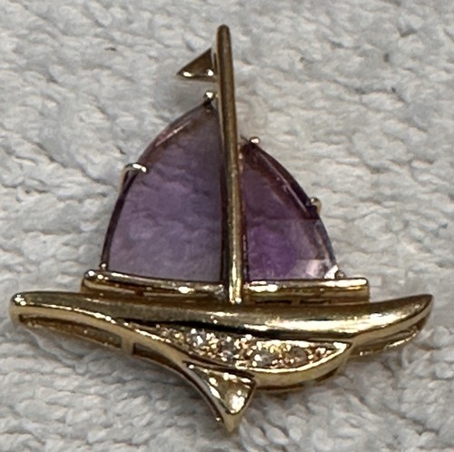 14k Yellow Gold Amethyst & Diamond Sailboat Pendant 1-1/4" x 1-5/8". gs1 - Picture 2 of 6