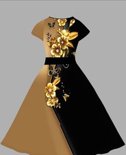 Black Brown Yellow Floral Belted Short Sleeve Round Neck Long A-Line Dress Women