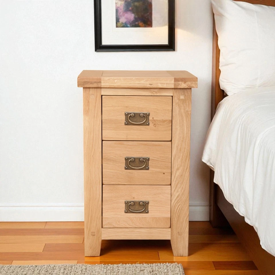 Oak Bedside Table Solid 3 Drawers in Chunky Harrogate Natural Free Del