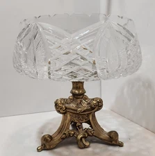 Vtg Victorian ABP Cut Crystal Compote with Brass Bronze Pedestal Base Sawtooth