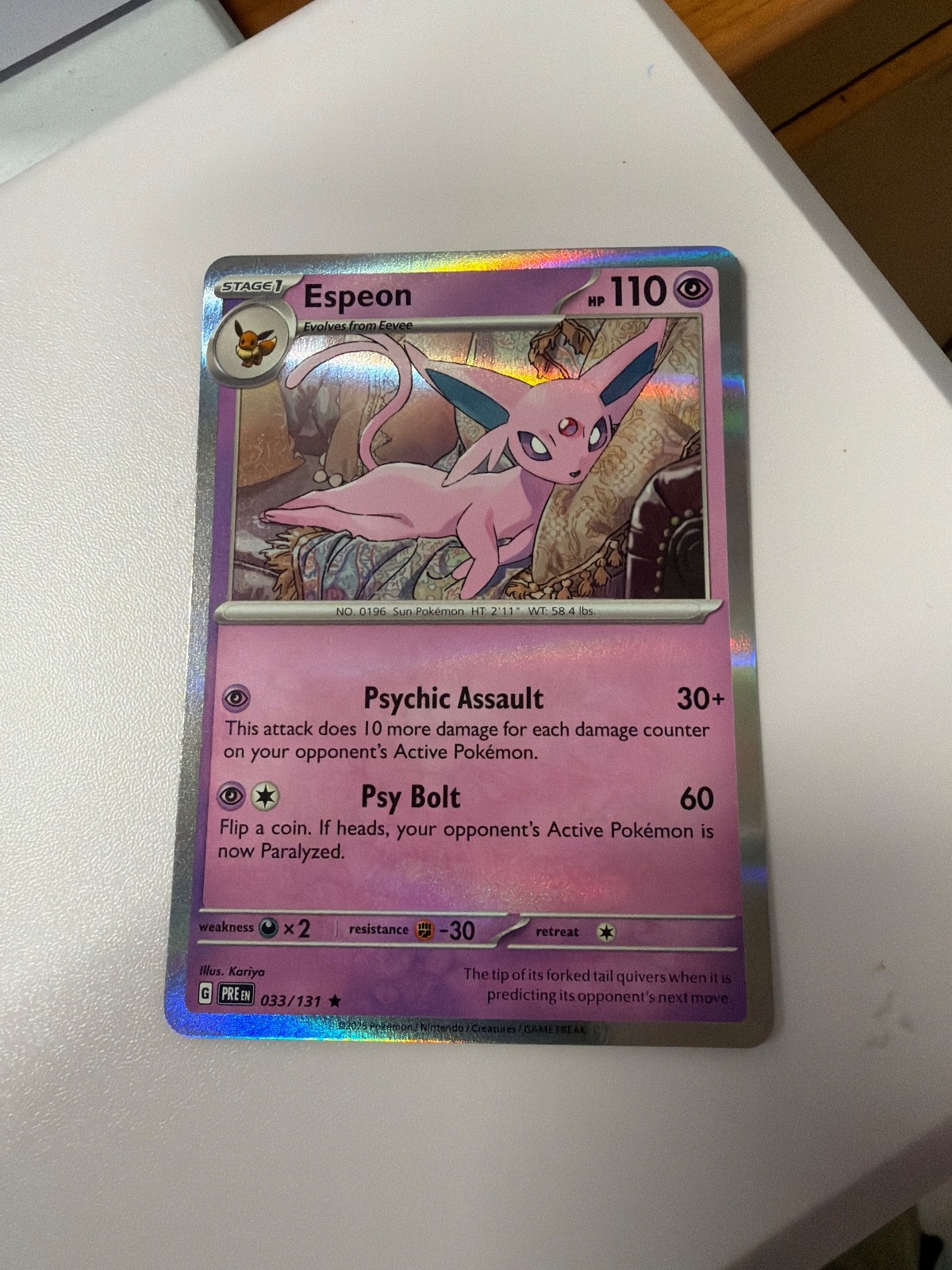 2025 POKEMON PRE EN-PRISMATIC EVOLUTIONS #033 ESPEON MASTER BALL REV HOLO PSA 10
