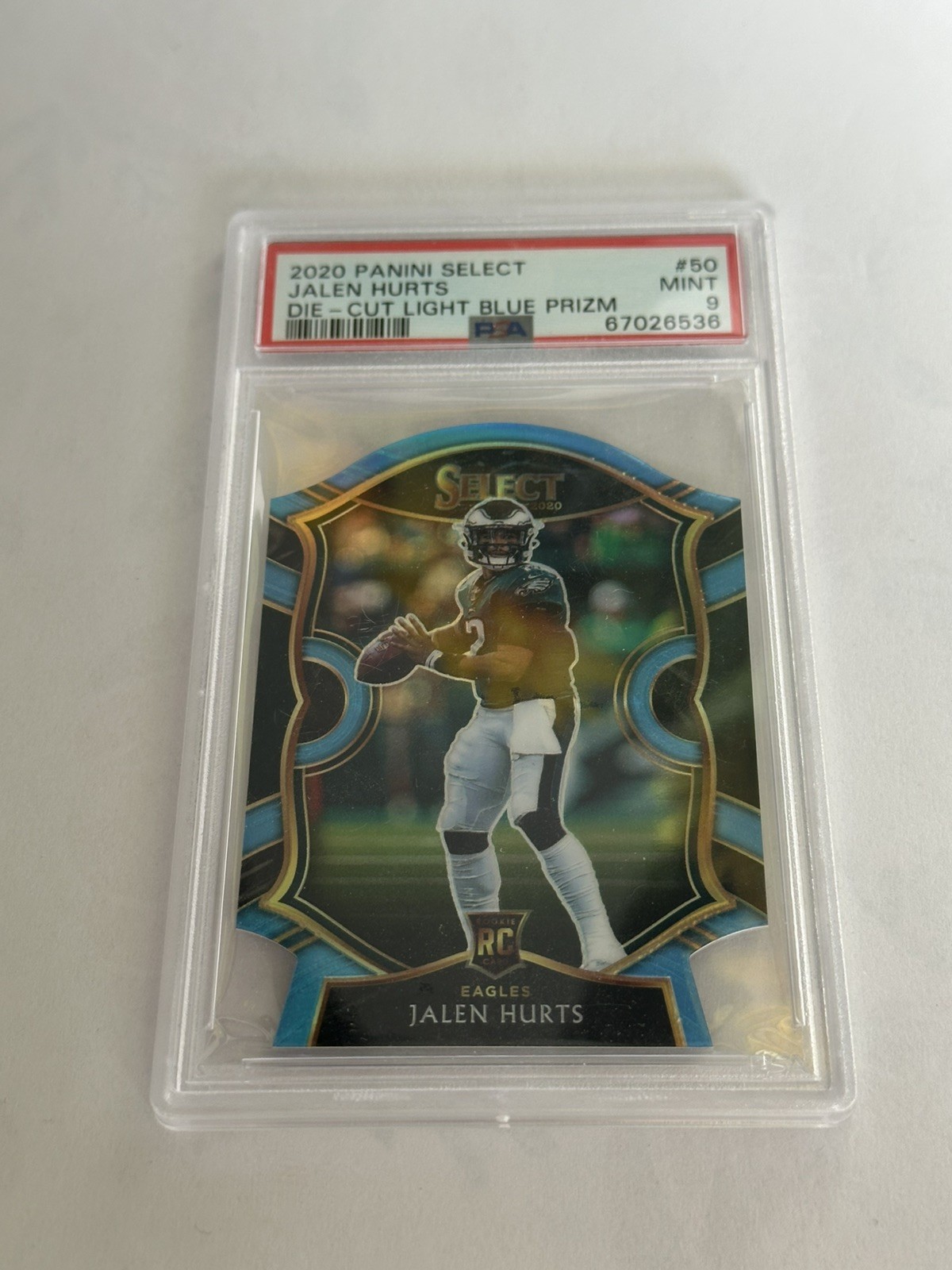117979171 Jalen Hurts 2020 Panini Select 50 Light Blue Prizm Die Cut RC PSA 9