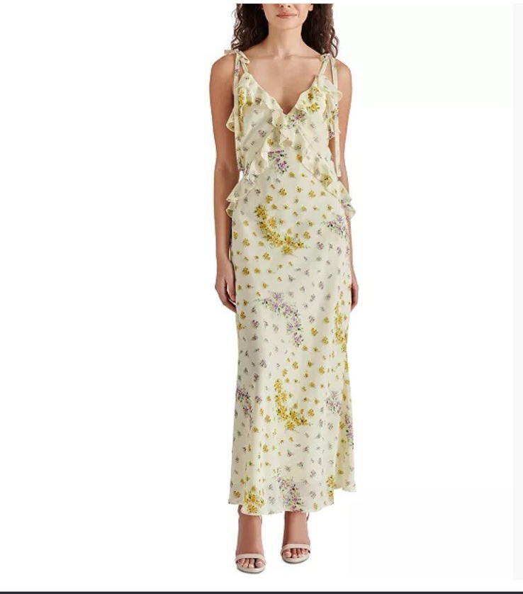 Steve Madden Adalina Floral Ruffle Trim Maxi Dress Tie Strap XS