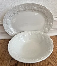 Gibson Embossed Raised Fruit White 13 1/2" Platter & 10" Vegetable Serving Bowl