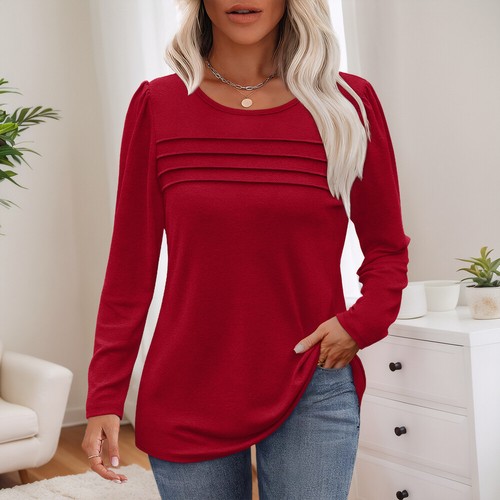 Womens Striped Round Neck Tunic Tops Plain Long Sleeve Casual T Shirt Blouse Tee - Picture 27 of 32