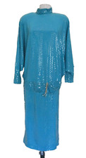 Vtg 80s Karie Patterson Sansappelle Sequin Dress Sz 8 Turquoise Silk Dolman Slv