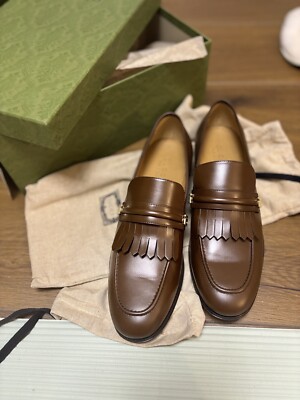 GUCCI Mens Mirrored G Gold Kiltie Loafer Brown Leather Sz UK